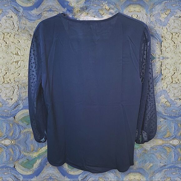 Navy blue tunic style top sheer patterned long sleeve L  NWT - Picture 3 of 7